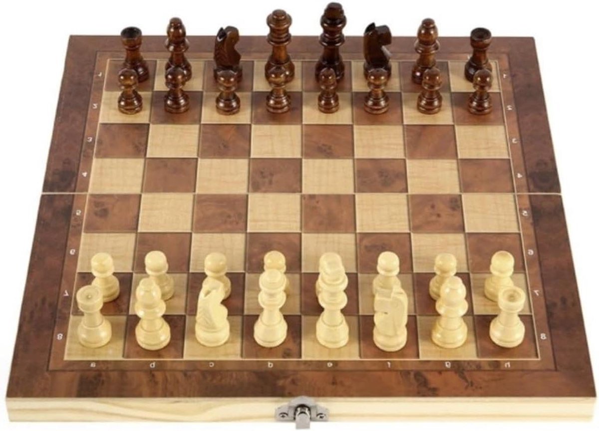 Houten Schaakset - Opvouwbaar Bord - Intelligentie Stimuleren - Interne Opbergruimte - 29x29cm - Natuurlijk Hout