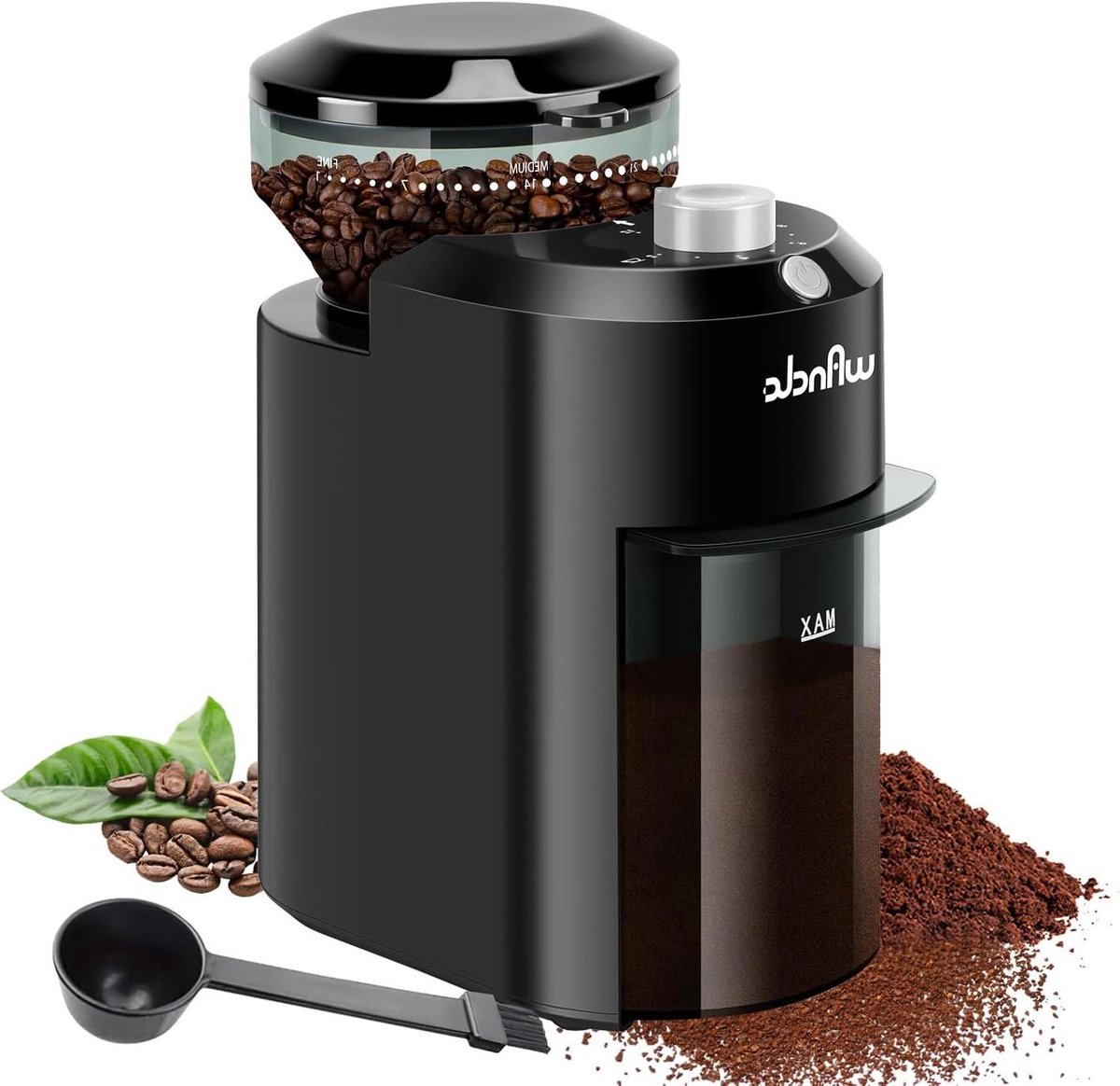 Wancle Elektrische koffiemolen, instelbare koffiemolen met molen voor koffiebonen met 28 nauwkeurige maalstanden, perfect voor 12 kopjes (zwart + zilver)
