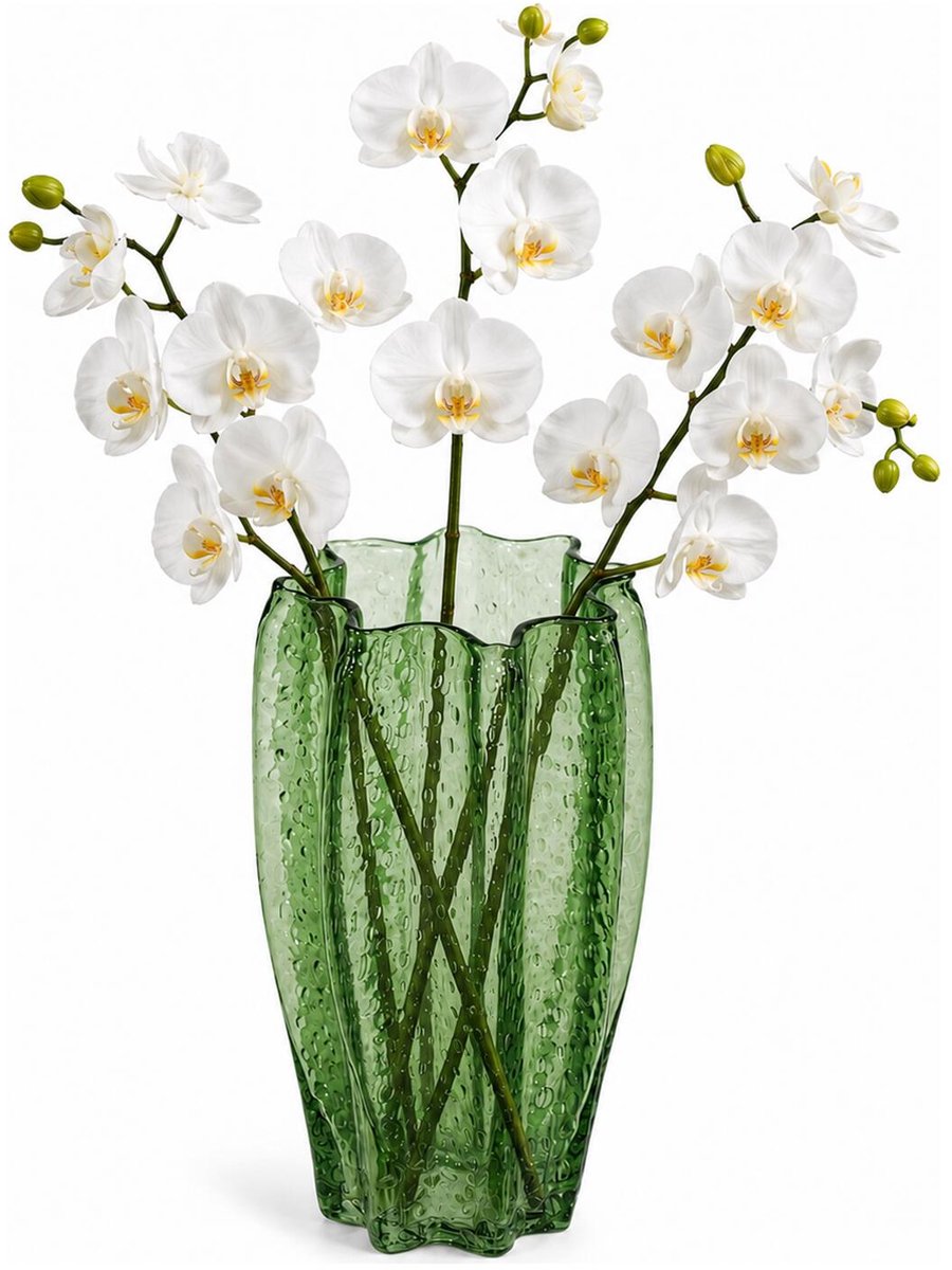 Mega Collections Bloemenvaas Callas - bewerkt sier glas - D13 x H23 cm - transparant groen - boeket en stelen - Moderne stijl