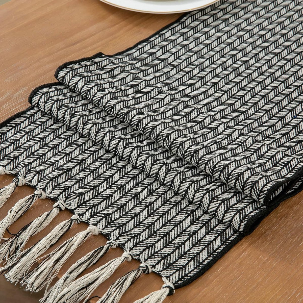 Tafelloper Linnen - Tafelkleed - Eettafel Decoratie - Geometrisch Patroon - 35x280cm - Zwart