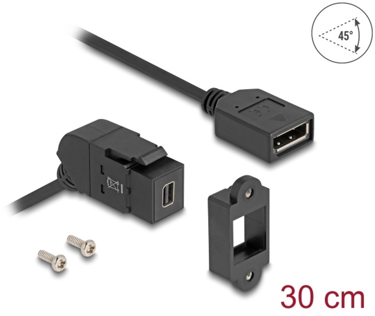 Image of Delock Keystone Module Mini DisplayPort panel mount female to DisplayPort female 45° angled with 30 cm cable 8K 30 Hz black