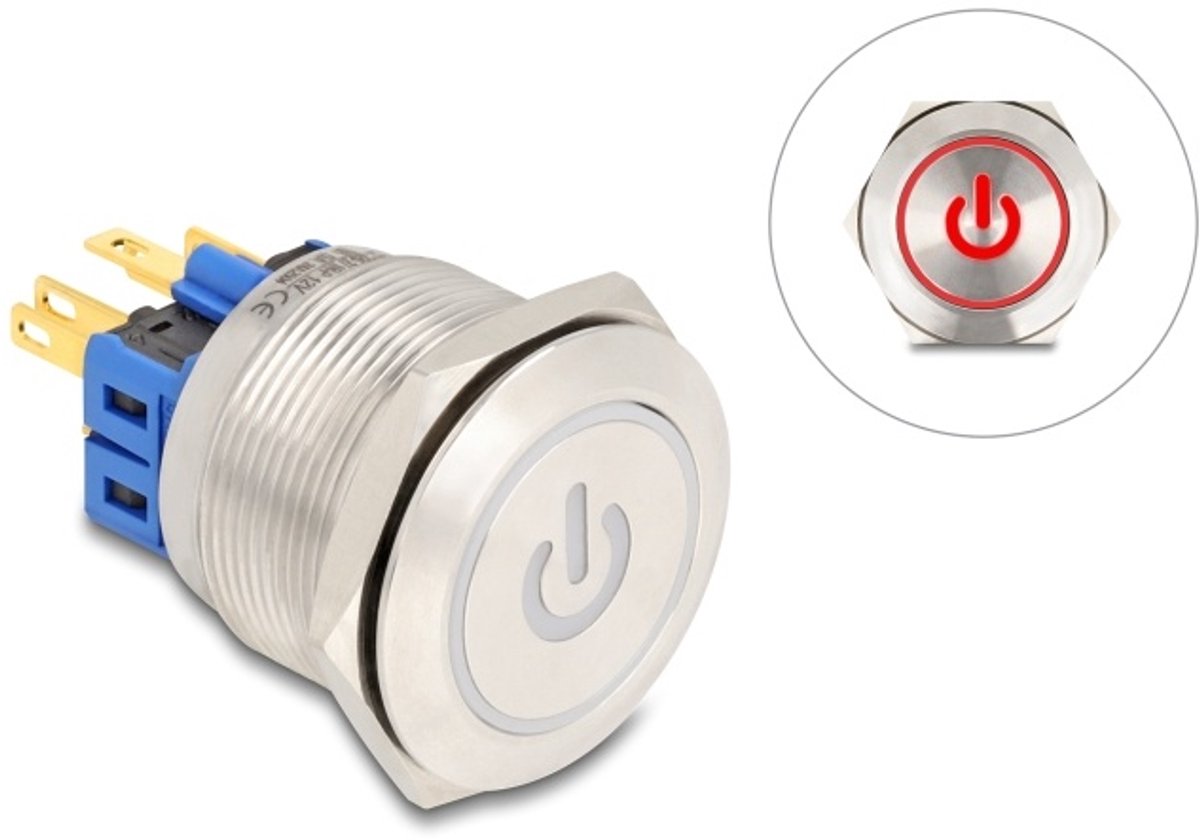 Delock Push Button for Installation 25 mm 6 x solder connection LED red power symbol + ring