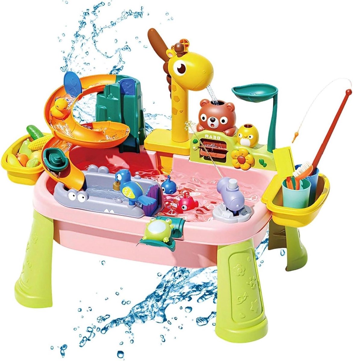 Waterspeeltafel - Giraf kraan speelgoed - Buiten spelen - 4-in-1 functionaliteit - 45 x 15 x 335 cm - Roze