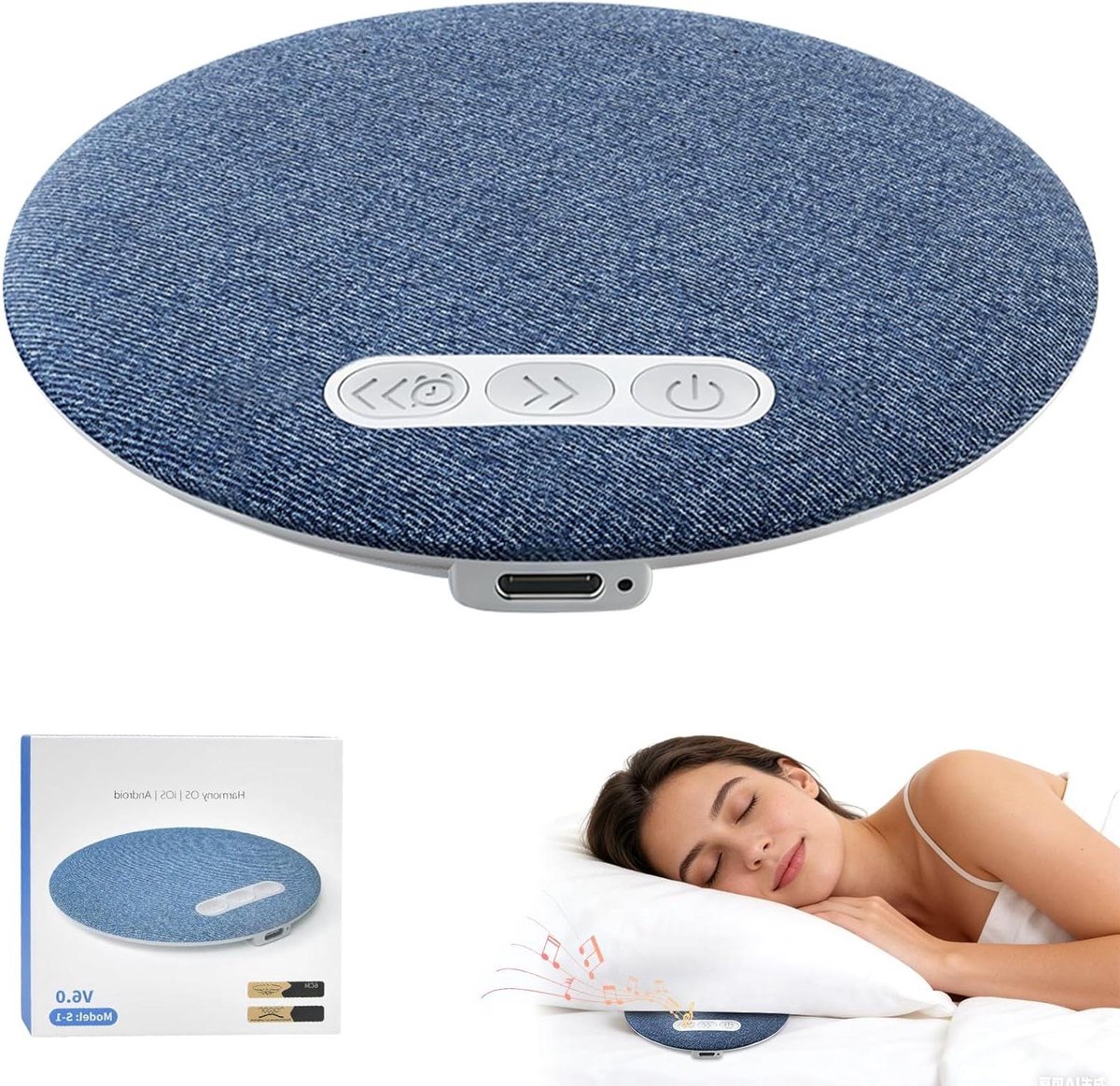 Kussenspeaker - Mini speaker - Diepe slaap - Witte ruis functie - 96 cm diameter - Blauw