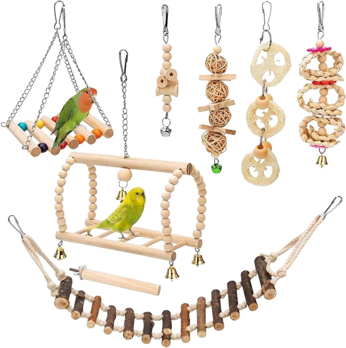 Vogel Speelgoed Set - Knaagspeelgoed Klimtouw - Vogels Vermaken - Interactieve Stimulatie - 8 Delig - Multicolor