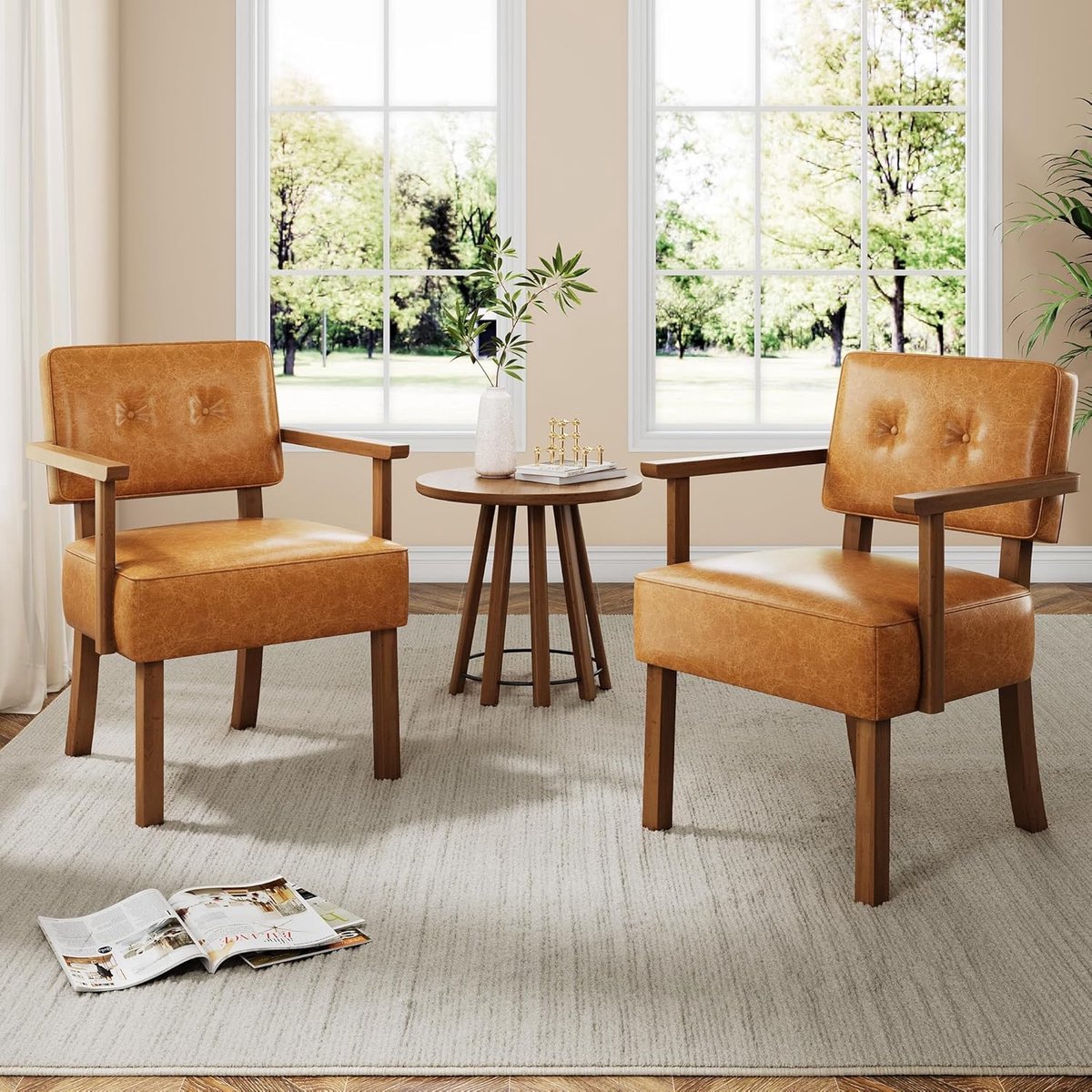 Set van 2 Retro Fauteuil - Mid-Century Accent Stoel - Bruin Kunstleer met Houten Frame - Luxe Relaxstoel met Knoopsdetails - Lounge Chair voor Woonkamer & Slaapkamer