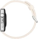 Zijprofiel van een smartwatch met een zilverkleurige kast en een crème-kleurige band.