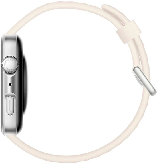Zijprofiel van een smartwatch met een zilverkleurige kast en een crème-kleurige band.
