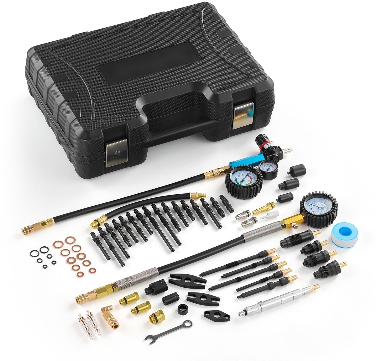 Drukverliesmeter Motorcilinders - Compressietester Set - Manometer 0-700 psi - Lekmeter 0-100 psi - 4 Adapters - Voor Auto Motoren