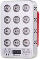 Zilveren draadloze roodlichttherapie lamp met 12 LED's, digitale timer en rode handgreep.