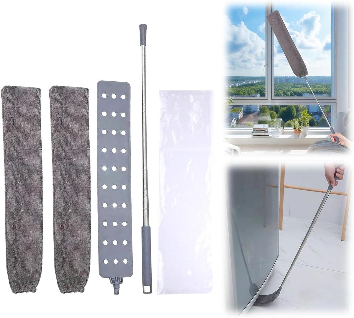 Intrekbare Stofwisser - Spleet Reiniger - Diep Reinigen - Buigbare Lange Steel - Max 140 cm - Grijs