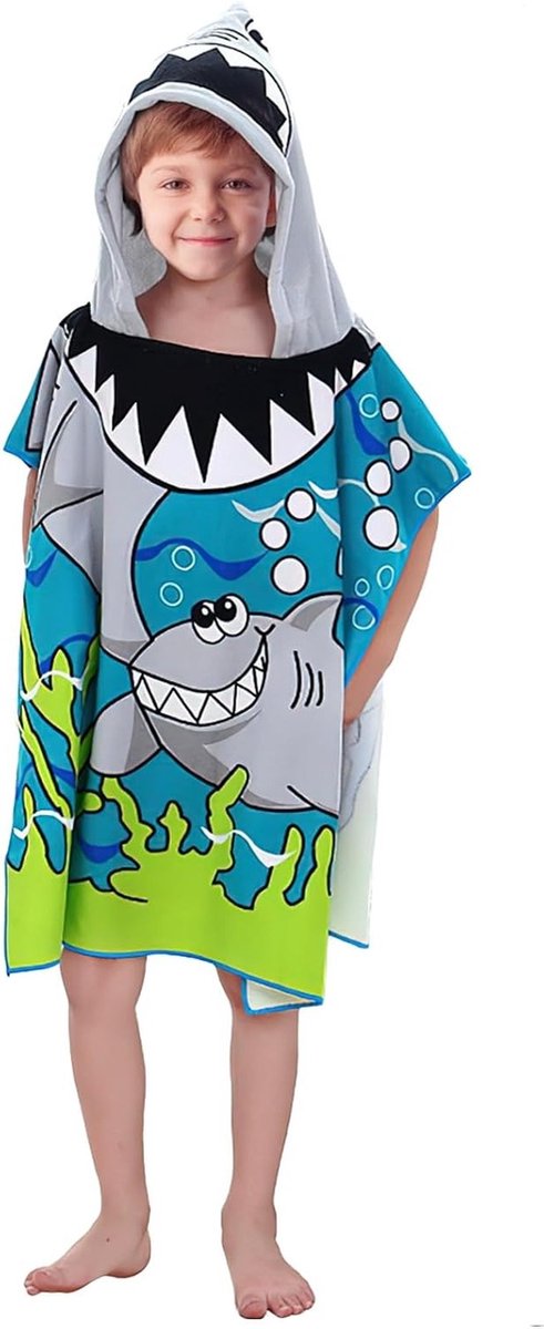 Badponcho voor Kinderen, Strandhanddoek met Kap voor Jongens en Meisjes, Ideaal voor Zwemmen en Vakantie, Geschikt voor 2-8 Jaar, Haai Design