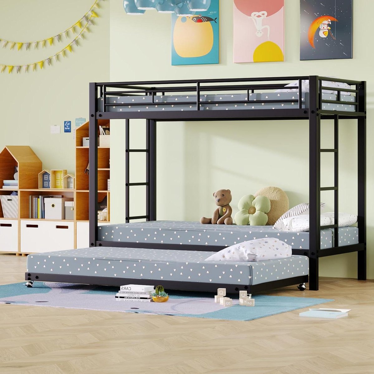 Hoogslaper Stapelbed - Bed met Rolbed - Ruimte Besparen - Hoge Veiligheidsbeugels - 90x200