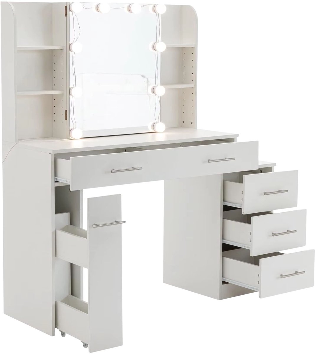 Kaptafel – Voor slaapkamer / make-up en verzorging – Met schuifspiegel, 5 lades en open planken inclusief kruk – Hout in wit