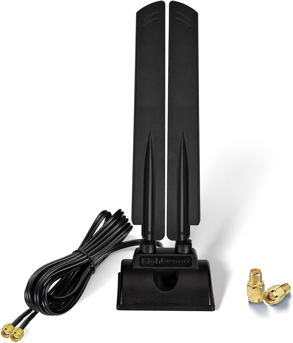 Eightwood WiFi 6E antenne, 2,4 GHz, 5 GHz, 6 GHz, WLAN-antenne, signaalversterking, tri-band RP-SMA + SMA adapter met 2 m verlengkabel voor WLAN-kaarten, PCI-kaart, pc-router, bluetooth moederbord