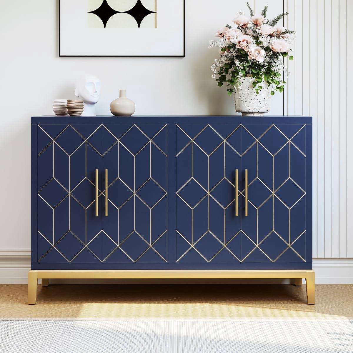 Dressoir Woonkamer - Opbergkast Buffetkast - Ruimte Organiseren - Stijlvol Gouden Lijn - 124 x 81 x 39.5 cm - Blauw