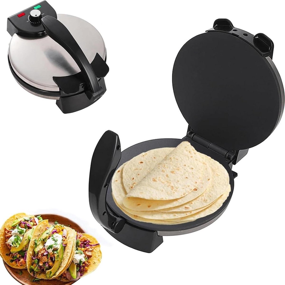 Elektrische Tortillamaker - Platbrood Apparaat - Thuis Gerechten Maken - Dubbelzijdig Verwarmen - 25 cm Bakplaat - Zilverkleurig