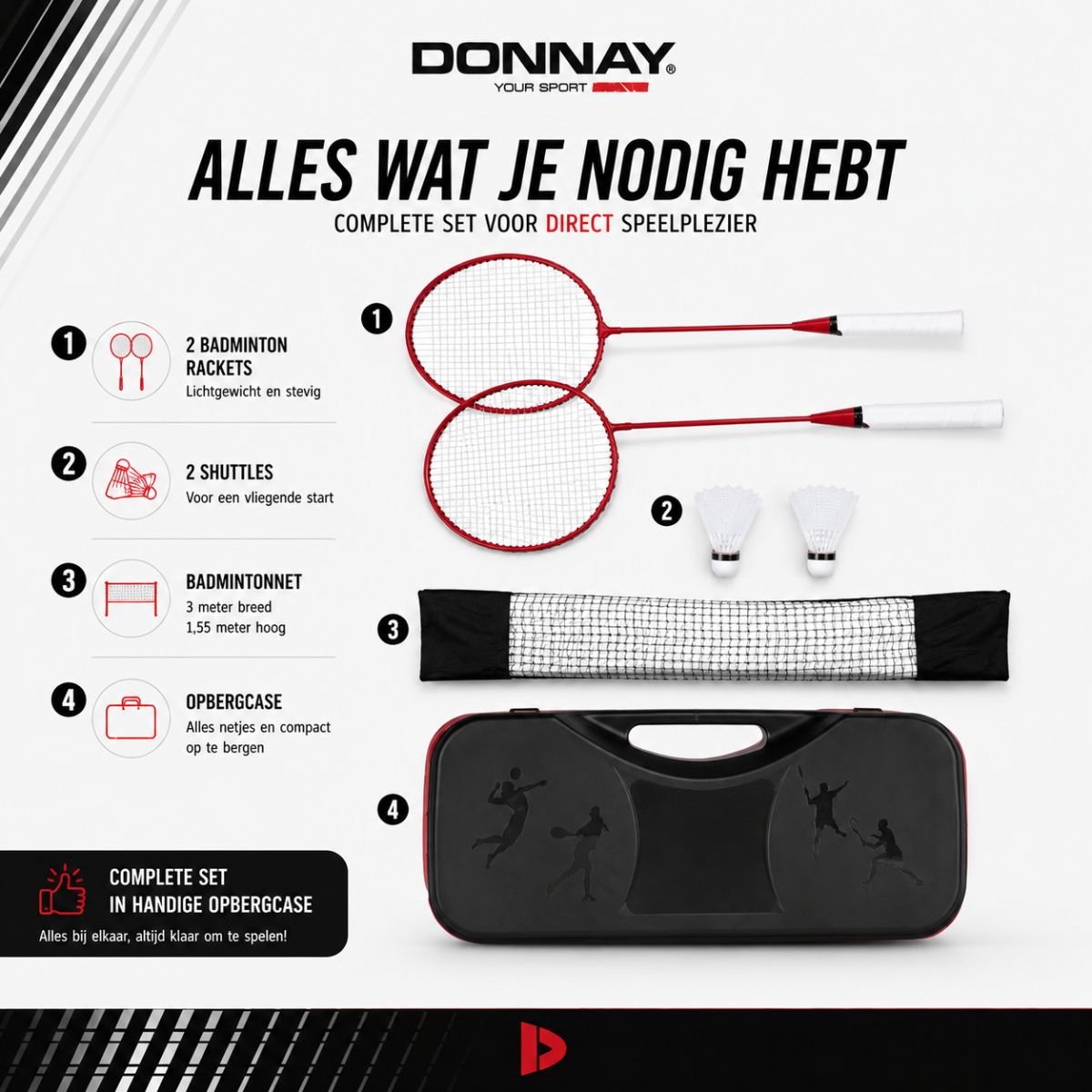 Donnay Badmintonset - Badminton Complete Set Voor 2 Personen - Inclusief Badminton Shuttles, Badmintonrackets en Badmintonnet - Met Handige Badmintontas - Badminton Racket in Zwart/Rood — afbeelding 6