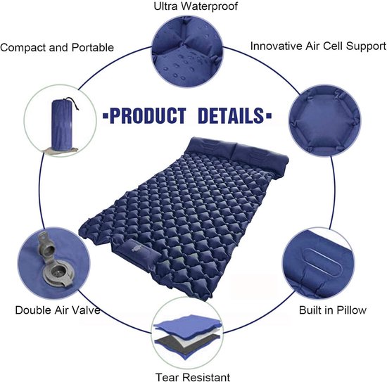 Opblaasbaar Slaapmat - Kampeer Matras - Outdoor Slapen - Ingebouwde Voetpomp - 206x120x6 cm - Blauw — afbeelding 4
