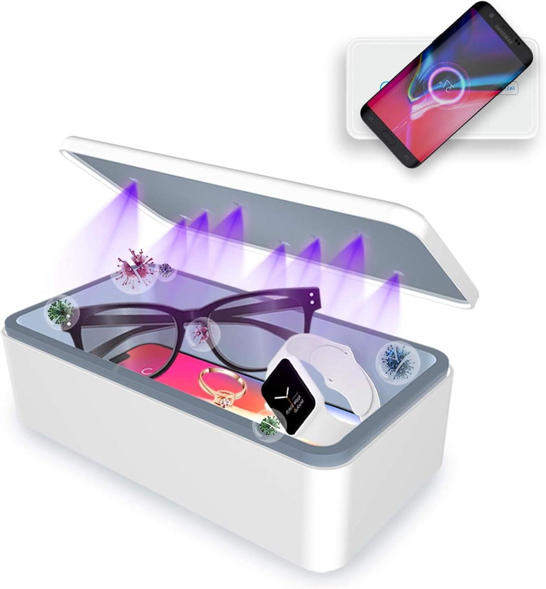 UV Licht Ontsmetter - Telefoon Reiniger - Gadgets Hygiënisch Houden - Met Draadloos Opladen - Tot 6.5 Inch - Wit