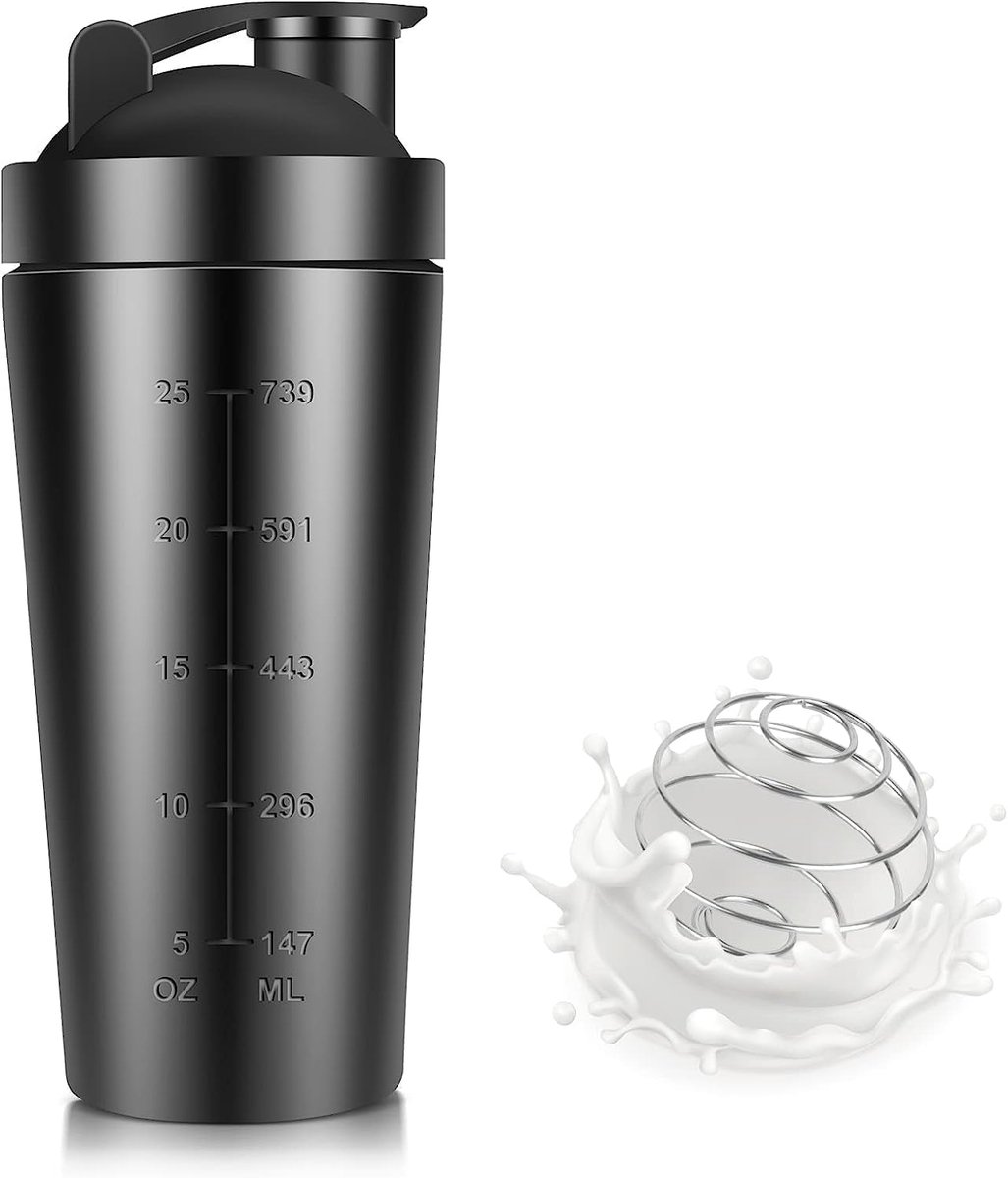 Proteïneshake-maker van roestvrij staal (739 ml) met mengbal, garde en filter.
