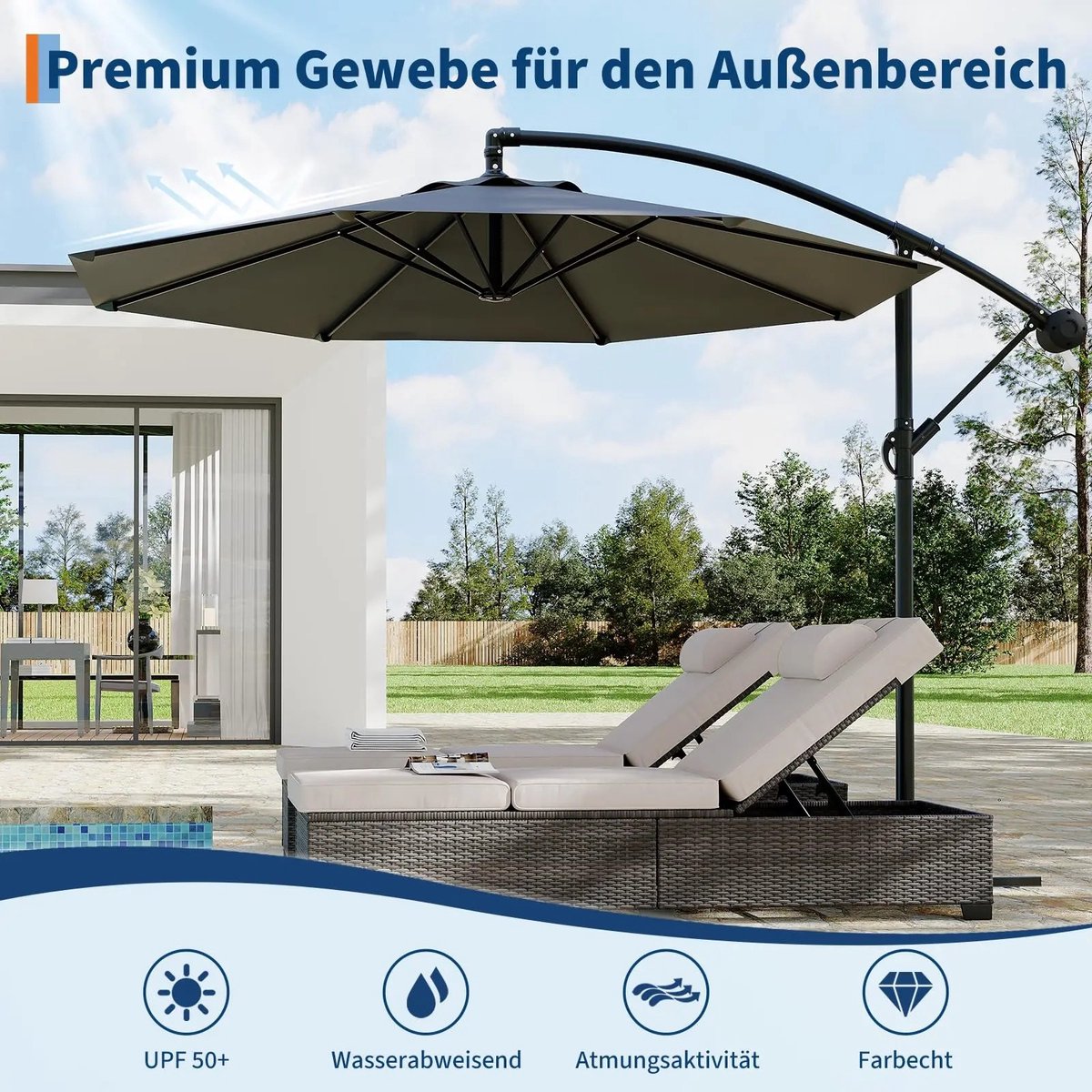 VIEMAE Parasol - Zweefparasol - Tuinparasol - Kantelbaar - 360° draaibaar - Waterafstotend - Versterkte kruisvoet - 300cm - Grijs – foto 5