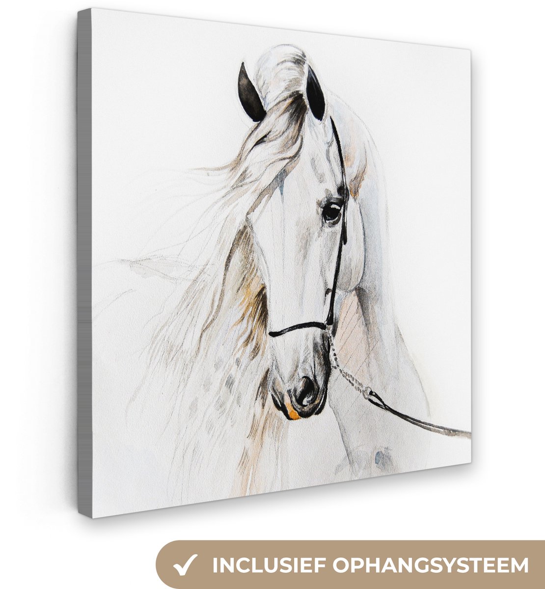 Canvasdoek kinderen - Decoratie kinderkamers - Paard - Waterverf - Dieren - Wit - Canvas kinderen - Muurdecoratie - 90x90 cm - Canvasdoek voor Kids