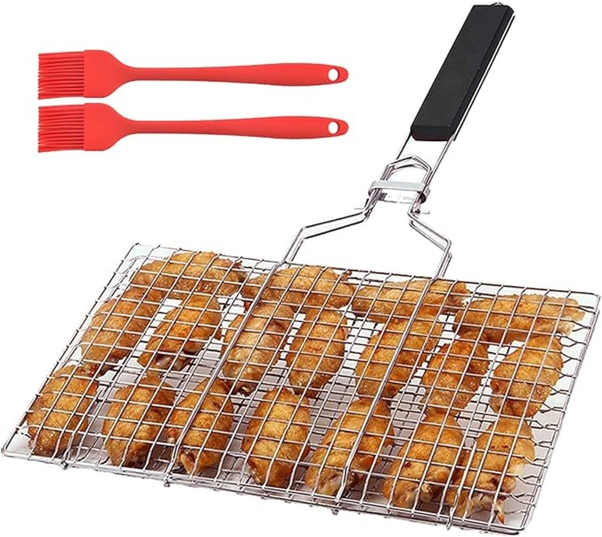 Opvouwbare BBQ-grillmand met rijgborstel, 32x21.5 cm, roestvrij staal