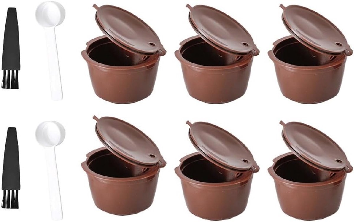 Herbruikbare Koffiecapsules, 6 Stuks Navulbare Filtercups met 2 Lepels en 2 Schoonmaakborstels voor Dolce Gusto Machines, Duurzaam en Milieuvriendelijk