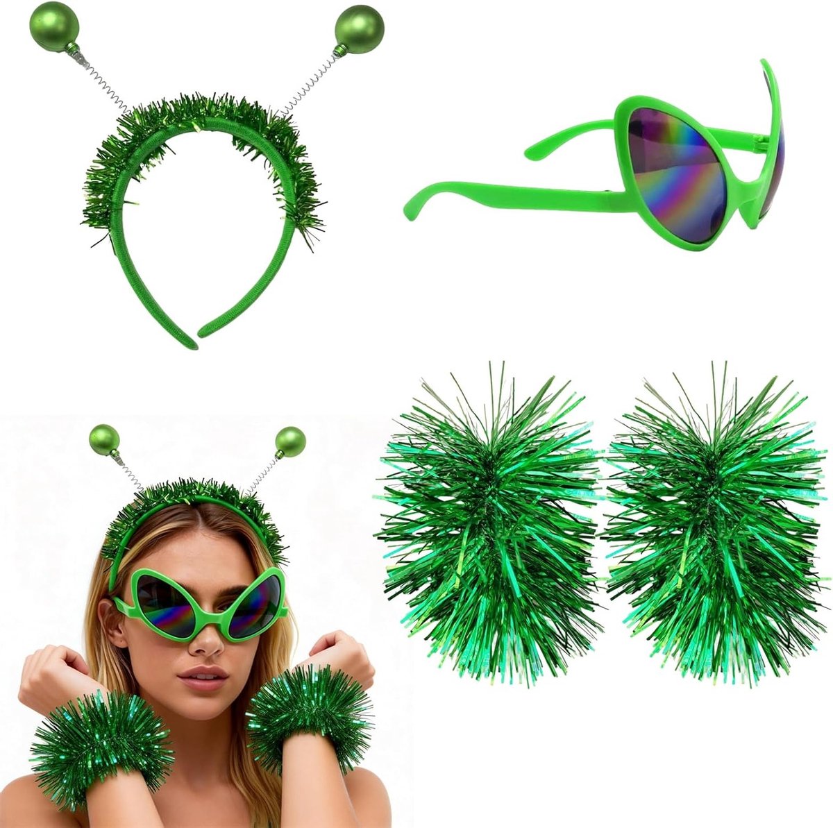 Groene Alien Kostuum Set met Hoofdband, Handschoenen en Bril voor Volwassenen en Kinderen - Perfect voor Feesten en Cosplay Activiteiten