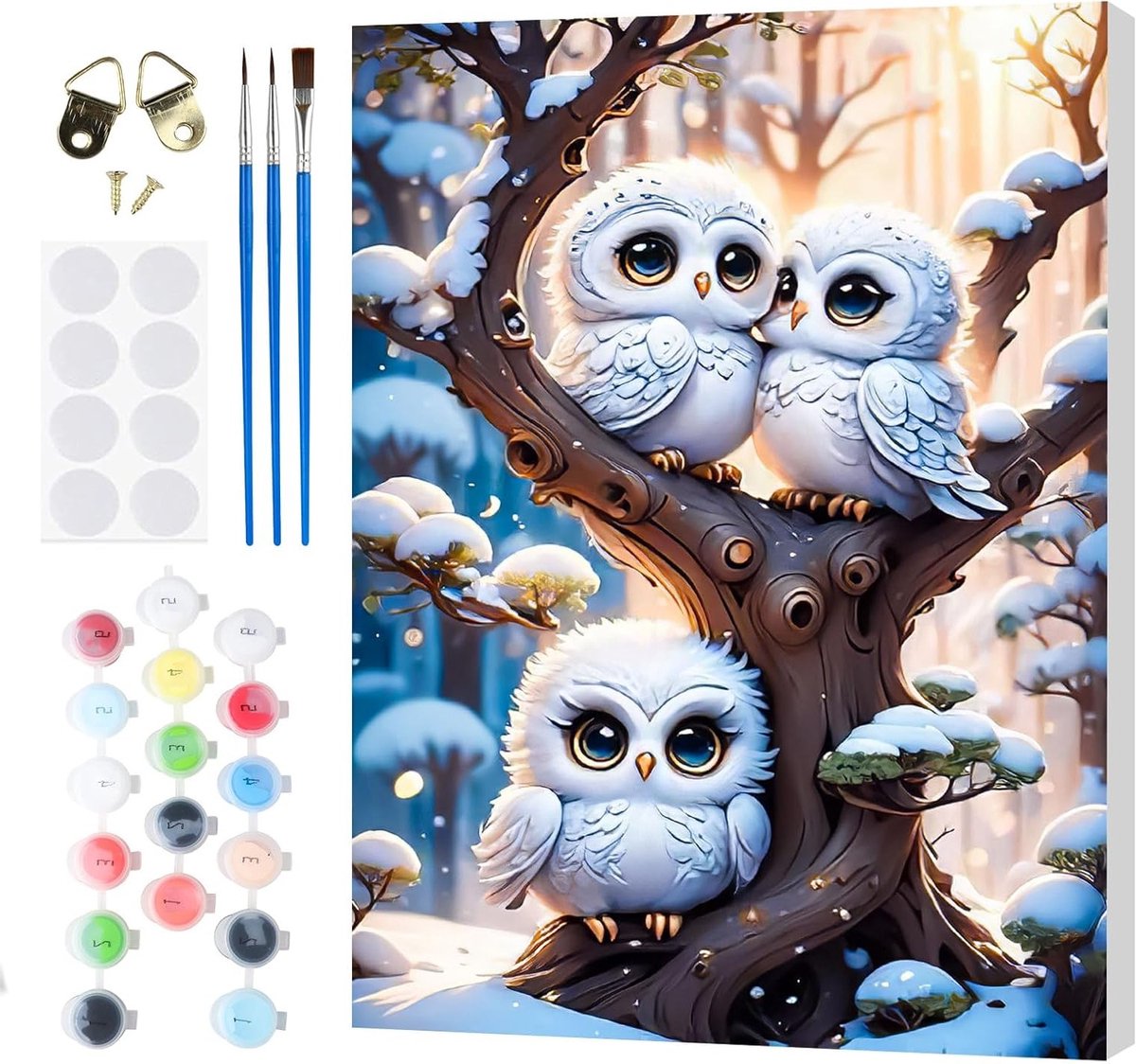 Winterse Uil Schilderen op Nummer 30 x 40 cm voor Volwassenen en Kinderen met Houten Lijst, Kerstset met Kwastjes, Kleurrijke Canvas Wanddecoratie en Creatief Geschenk voor Iedereen