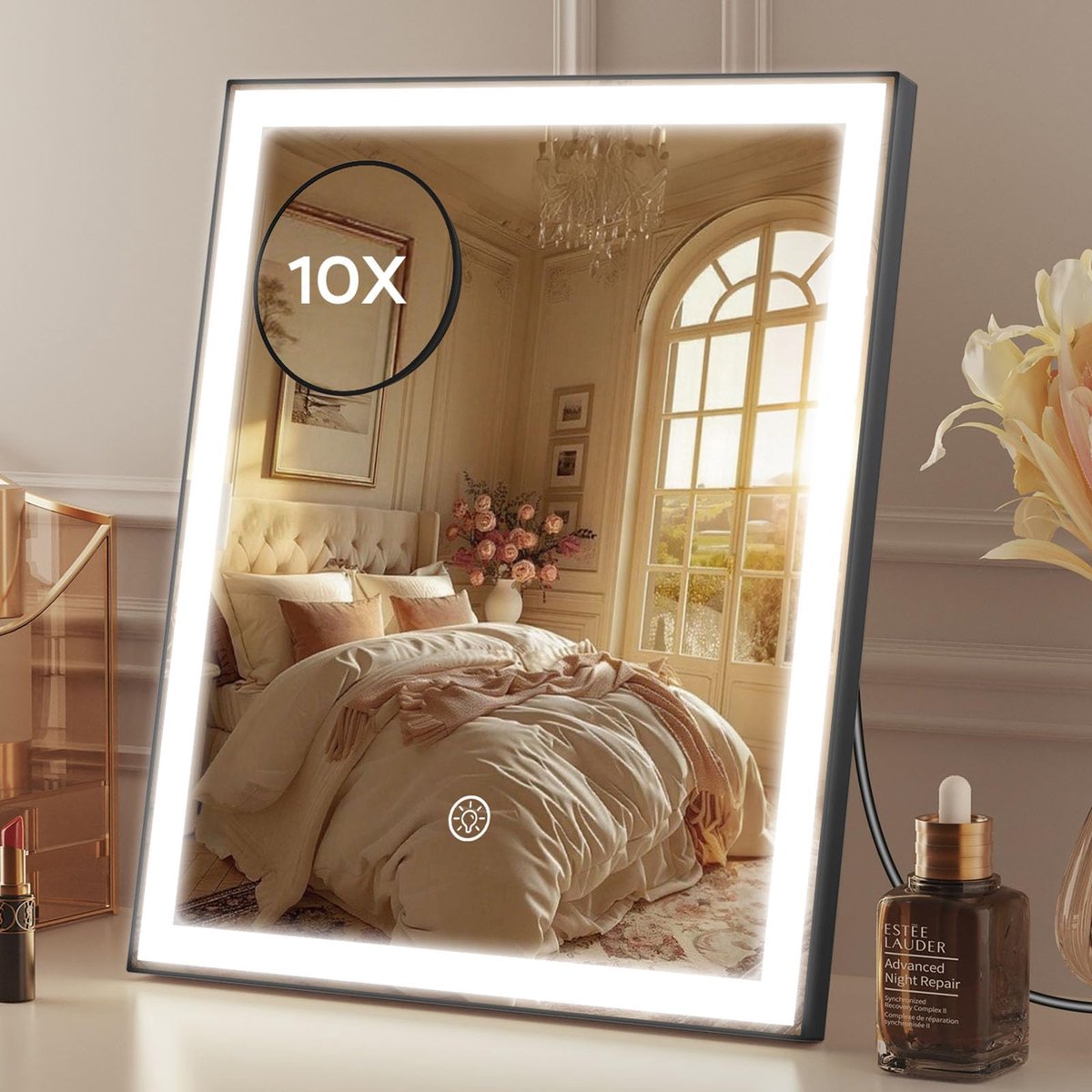 ANTENLICHT Make Up Spiegel Met Verlichting - 30x25CM - 10x Vergroting - Dimbare Make-upspiegel - Scheerspiegel - LED Verlichting - USB-COplaadbaar - Draaibaar - Zwart