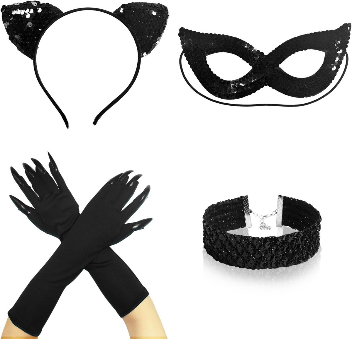 Set van 4 kattenkostuum accessoires met kattenoren, masker, halsketting en klauwen voor Halloween en carnaval