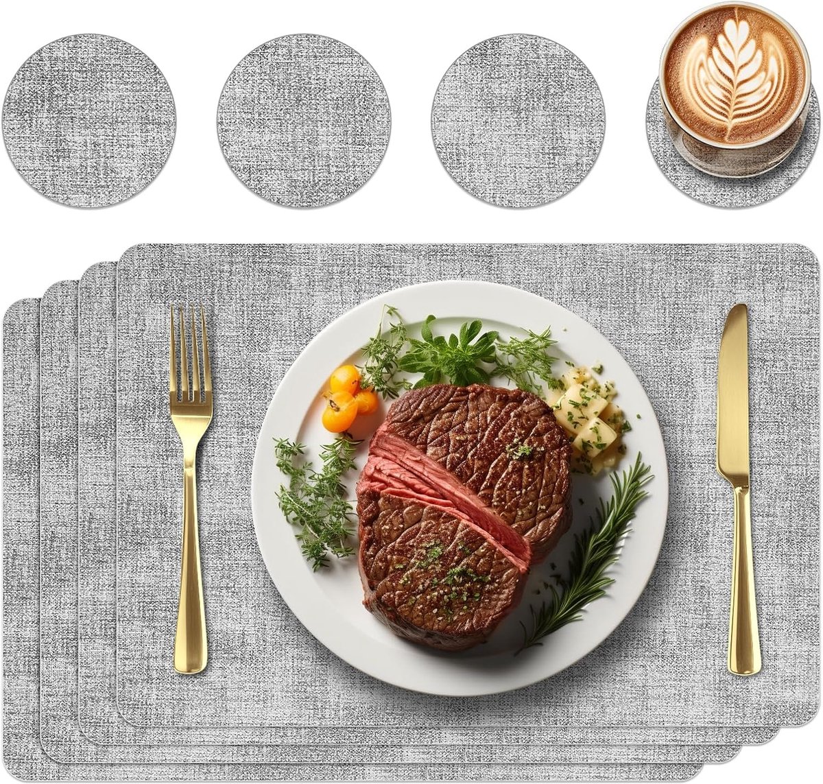 Set van 4 Rechthoekige Placemats - Afwasbaar Kunstleer voor Keuken en Eettafel - Wit Grijs