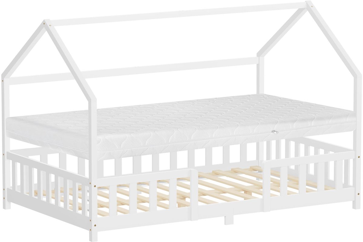 ml-design montessori kinderbed 120x200 cm wit grenenhout met matras en valbeveiliging speelbed juniorbed kinderhuis houten bedframe lattenbodem dak decoratieve kap eenpersoonsbed kinderbed met dak kinderbed hout huisbed voor meisjes en jongens