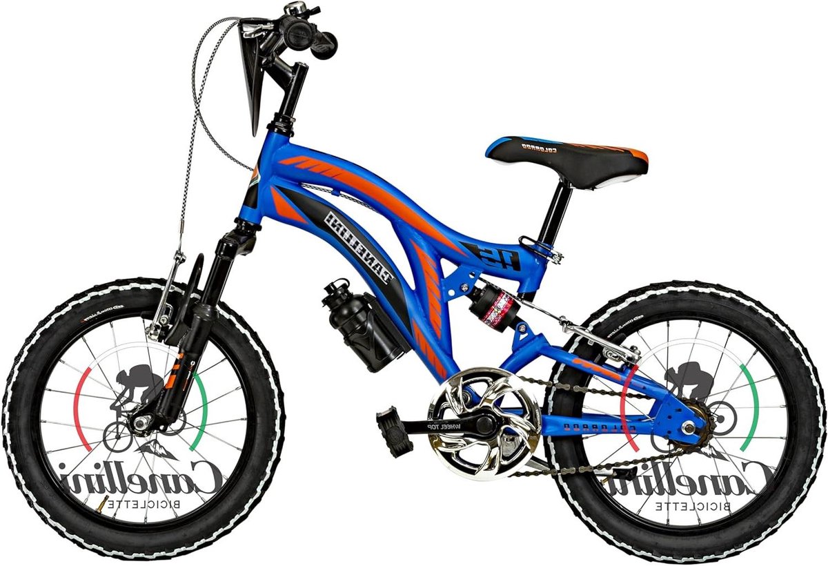 Kinderfiets Full Suspension - Kinderfiets 16 Inch - Leren Fietsen - Dubbele Verende Vork - 16 Inch Wielen - Blauw Oranje