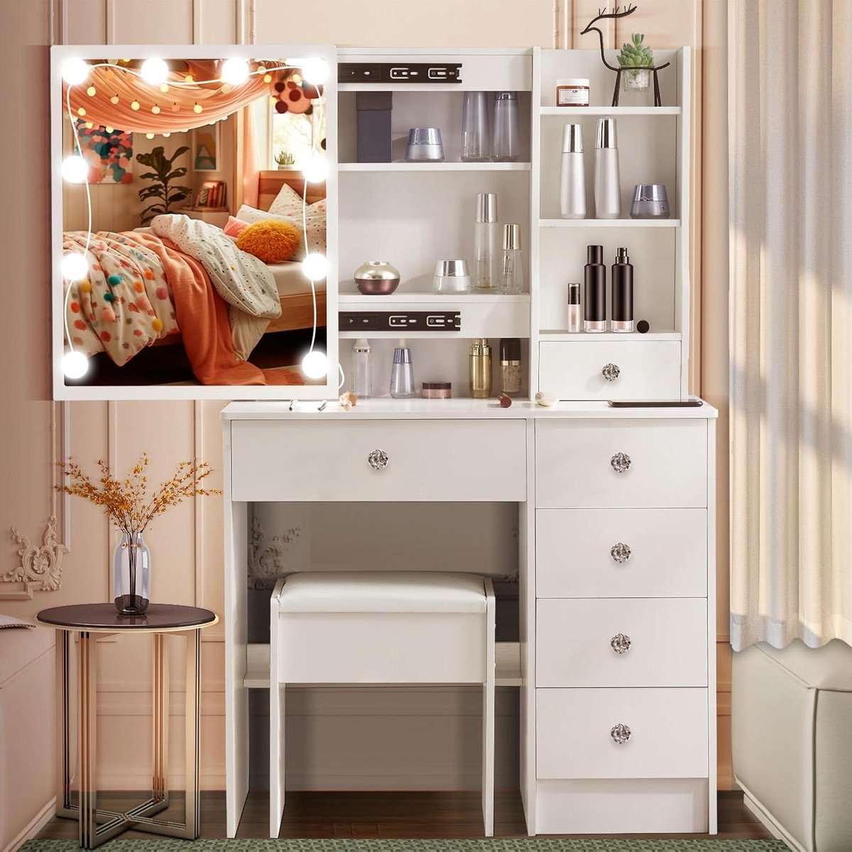 Kaptafel met Verlichting - Kapset Spiegel Kruk - Make-up Aanbrengen - Verstelbare Hollywood LED - 80x36x131cm - Wit