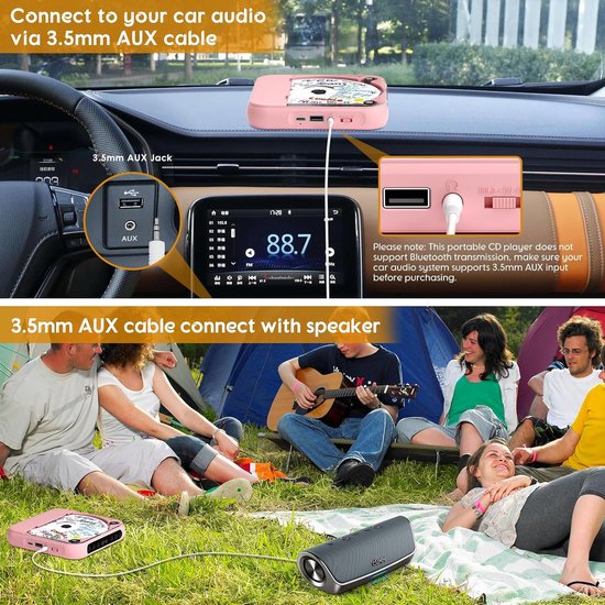 KZQ Draagbare cd-speler - Bluetooth-functionaliteit - Oplaadbaar - Ingebouwde hifi-luidsprekers - Hoofdtelefoonaansluiting - Ondersteunt cd-/aux-/usb-ingang en herhaalmodus - Geschikt voor thuis en in de auto - Roze van kzq — afbeelding 4
