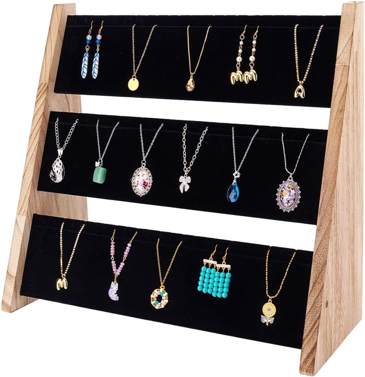 Drie-laagse Houten Kettinghouder met Zwarte Fluwelen Voering - Grote Capaciteit voor Sieraden en Organisatie, Perfect voor Thuis en Verkoopshow