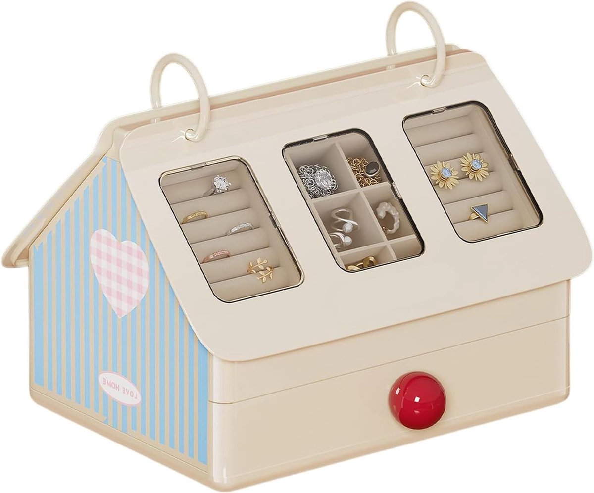 Sieraden Organizer - Opbergdoos Huisvorm - Accessoires Opbergen - Stevige Compartimenten - 19.8 cm Diep - Meerdere Kleuren