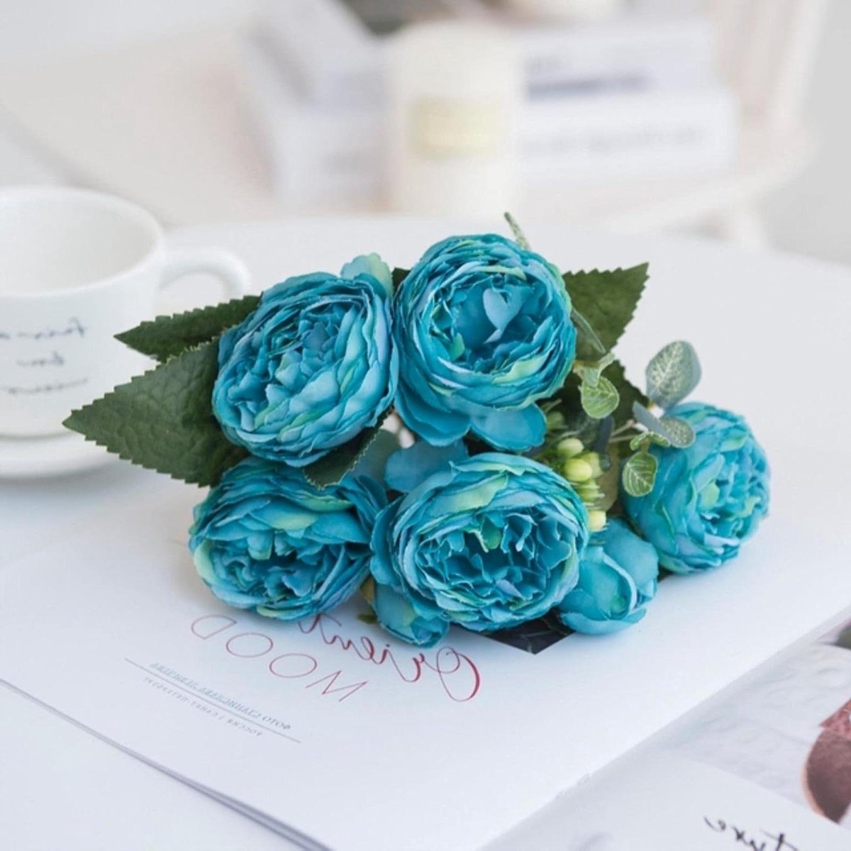 Kunstbloemen Pionen - Zijde Bloemen - Huis Decoratie - Onderhoudsvrij - 30cm - Blauw