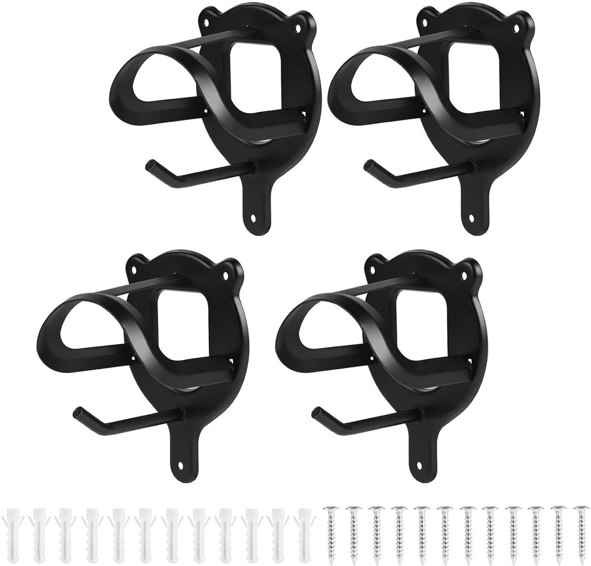 Set van 4 Zwarte Metalen Haakjes voor Decoratieve Bevestiging met Extra Haakjes en Schroeven voor Accessoires, Touwen en Leidsels