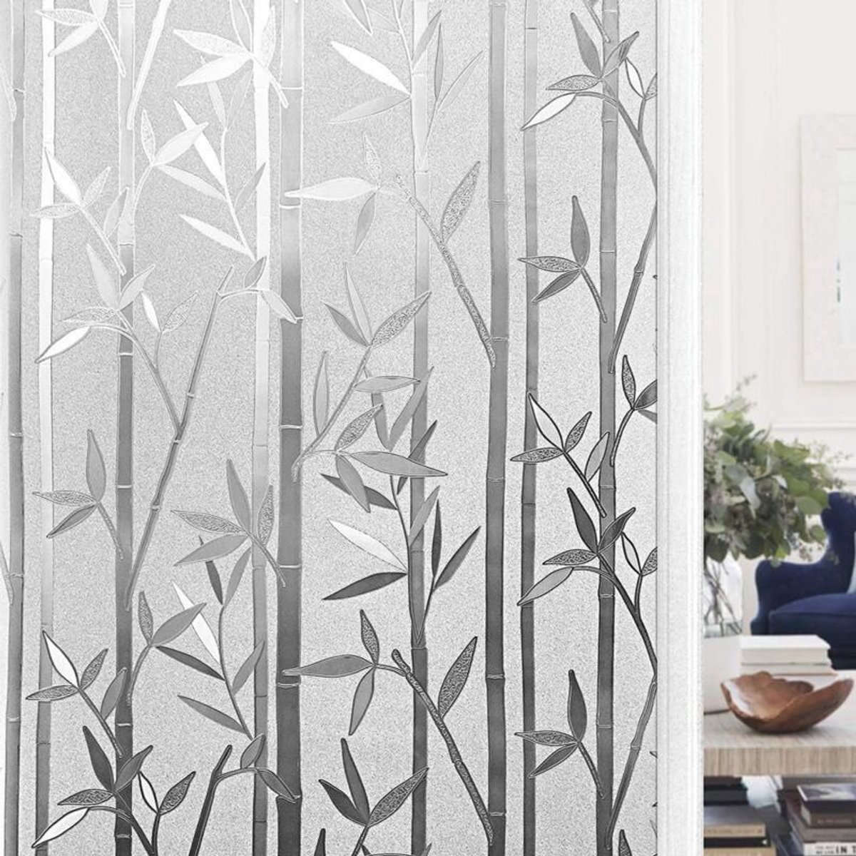 Verduisterende raamfolie van 44,5 x 200 cm, elektrostatische glasfolie, zonder lijm, ondoorzichtig, UV-bestendig, geschikt voor de decoratie van keuken, kantoor en slaapkamer, bamboepatroon.