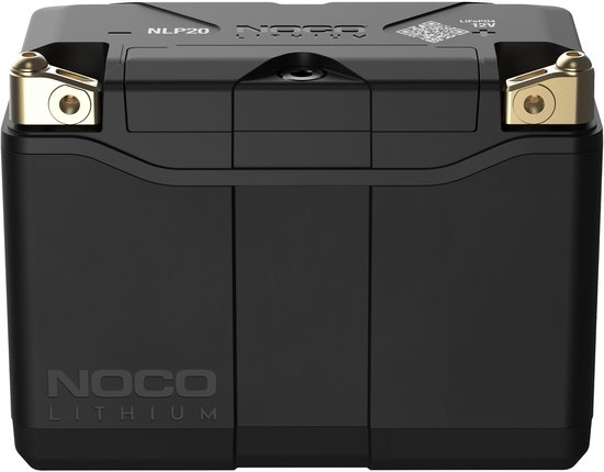 Batterie lithium noire NOCO avec cosses dorées, logos sur les côtés et le dessus.