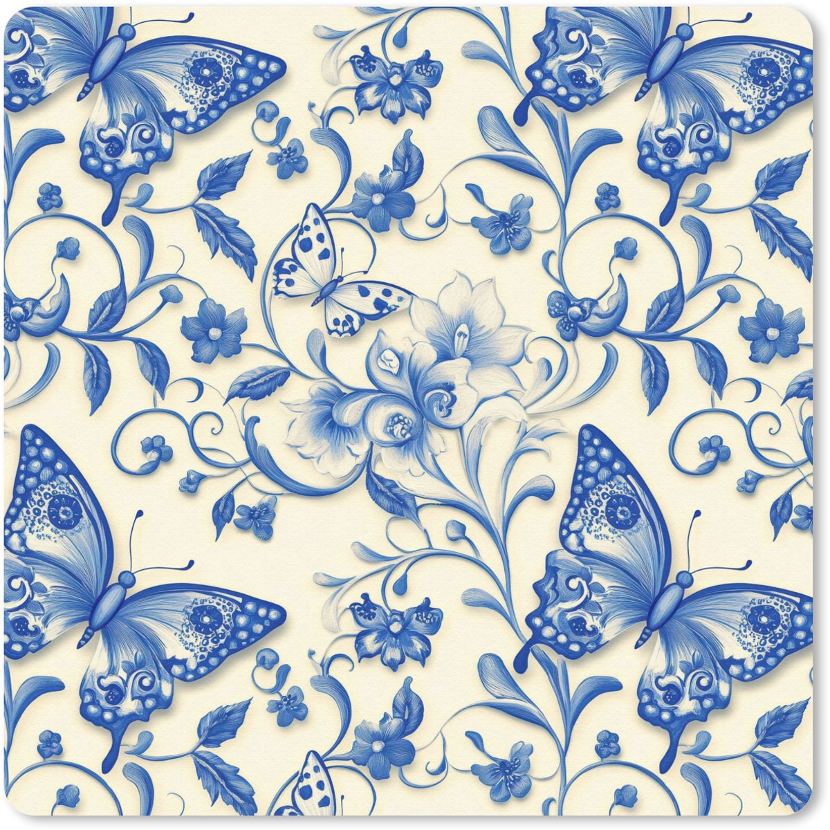 Muismat 20x20 cm - Mousepad Vlinders - Bloemen - Blauw - Botanisch - Muismatten