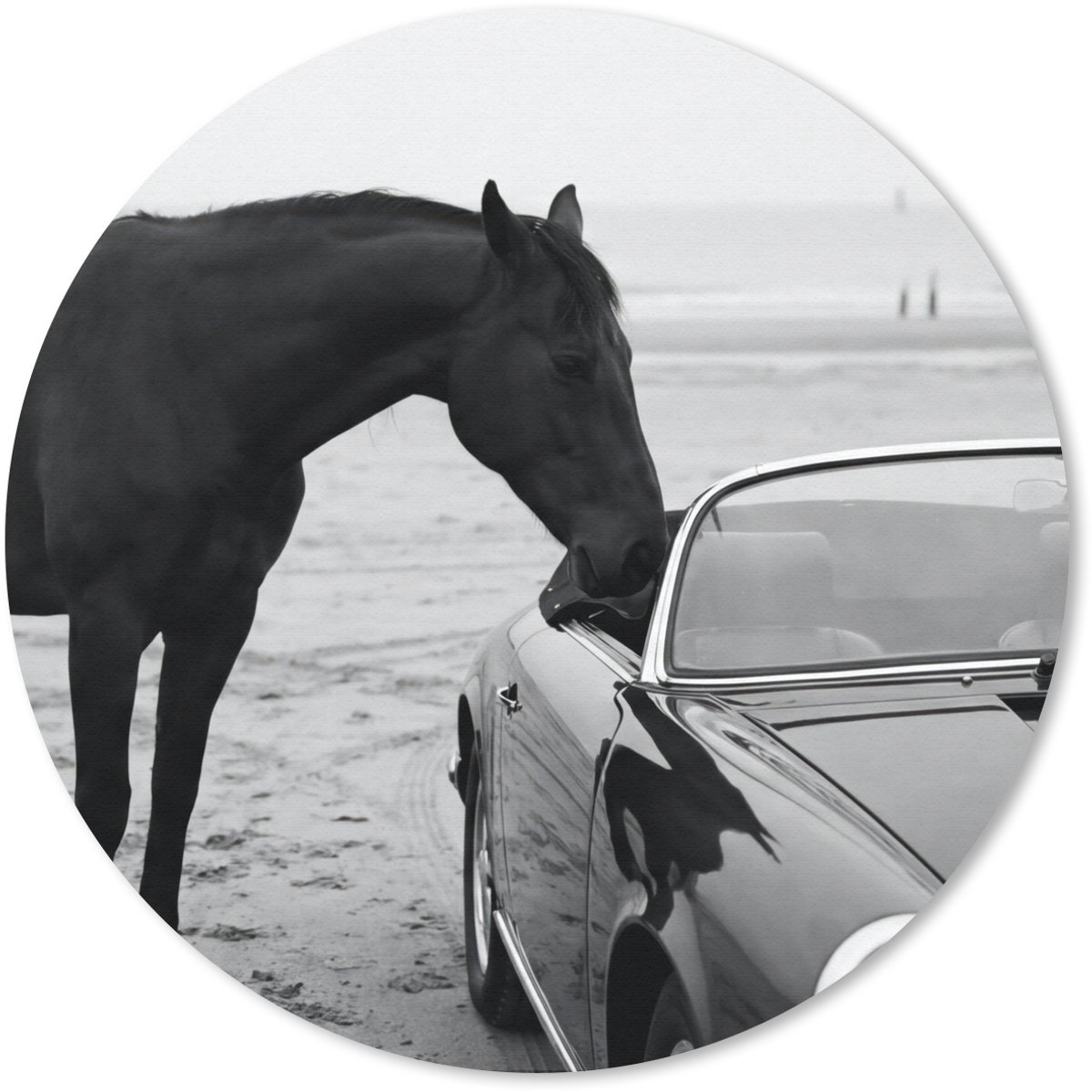 Muismat rond 20x20 cm - Mousepad Paard - Auto - Zwart - Wit - Ronde muismatten