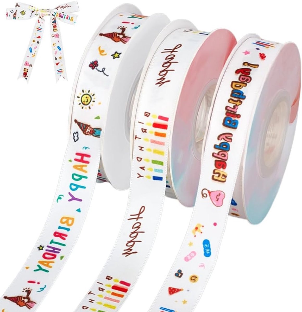 30 meter Happy Birthday lint in 3 stijlen, 3/4 inch breed wit satijnen polyester lint voor cadeauverpakking, bloemenboeketten en feestdecoratie