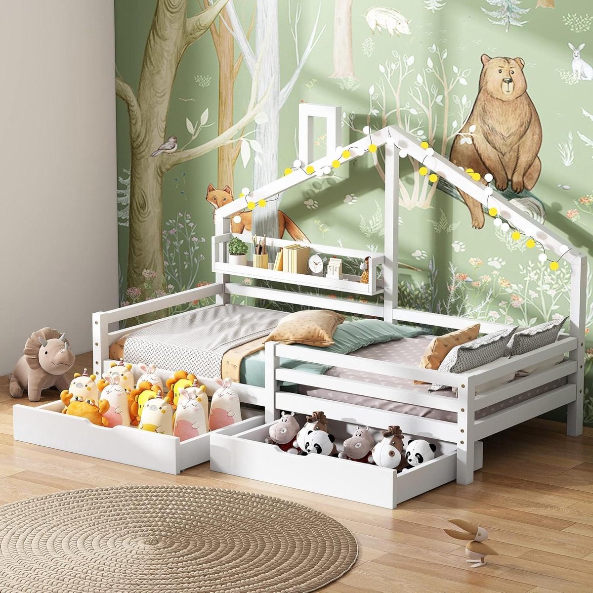 Huisbed met Opbergrek - Kinderbed Huisje - Kinderkamer Inrichten - Met Twee Laden - 90 x 200 cm - Wit