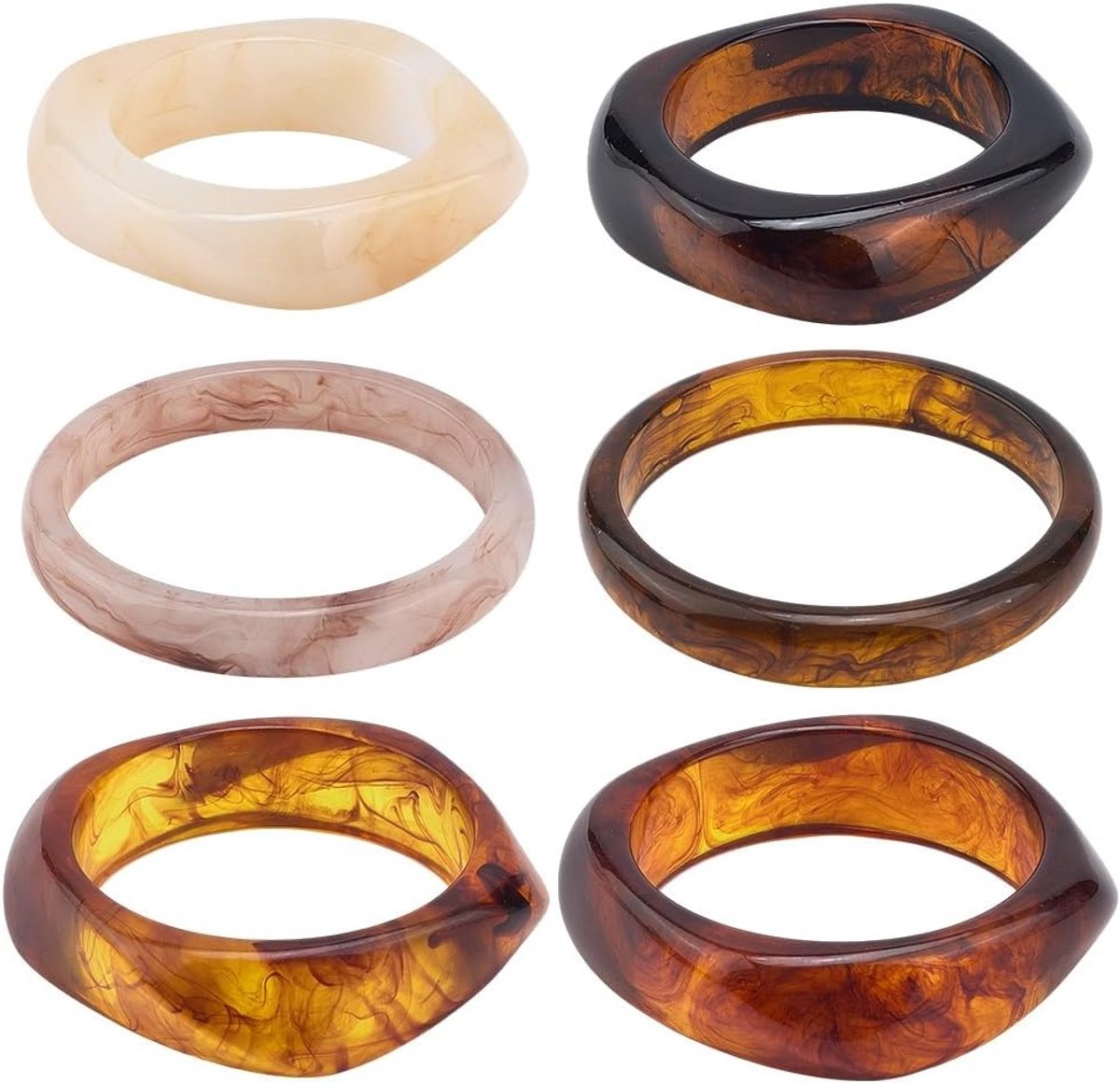 6 Stijlen Hars Harde Armbanden in Vintage Punk Geometrische Kleuren voor Elegante Modesieraden Accessoires voor Vrouwen, Maat 6,1 ~ 6,6 cm