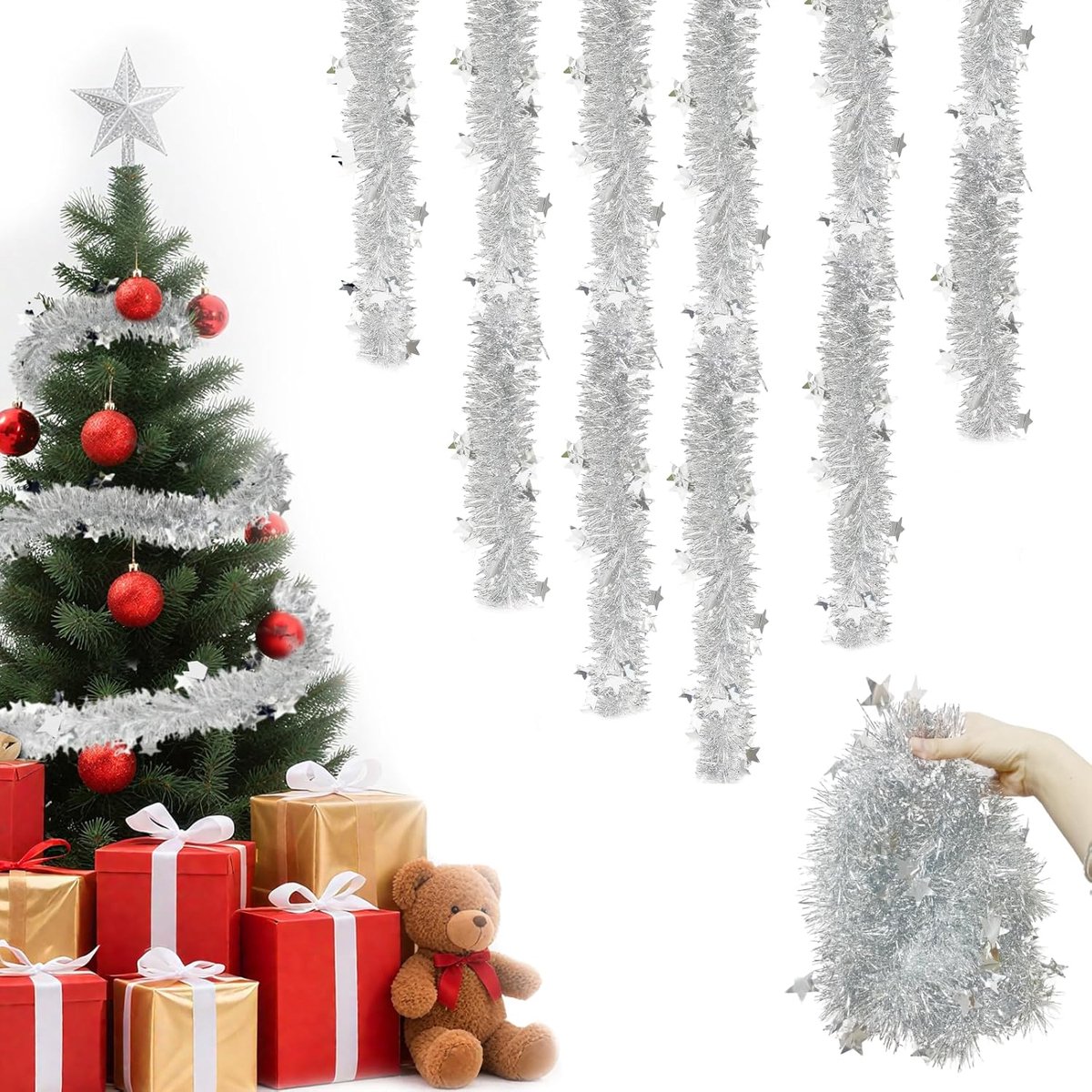 Kerstslinger 6 Stuks - Kerstslingers voor Kerstboom - Slinger met Ster - Binnen en Buiten Kerstdecoratie - Doe-Het-Zelf Tinsel Kerstversiering Zilver